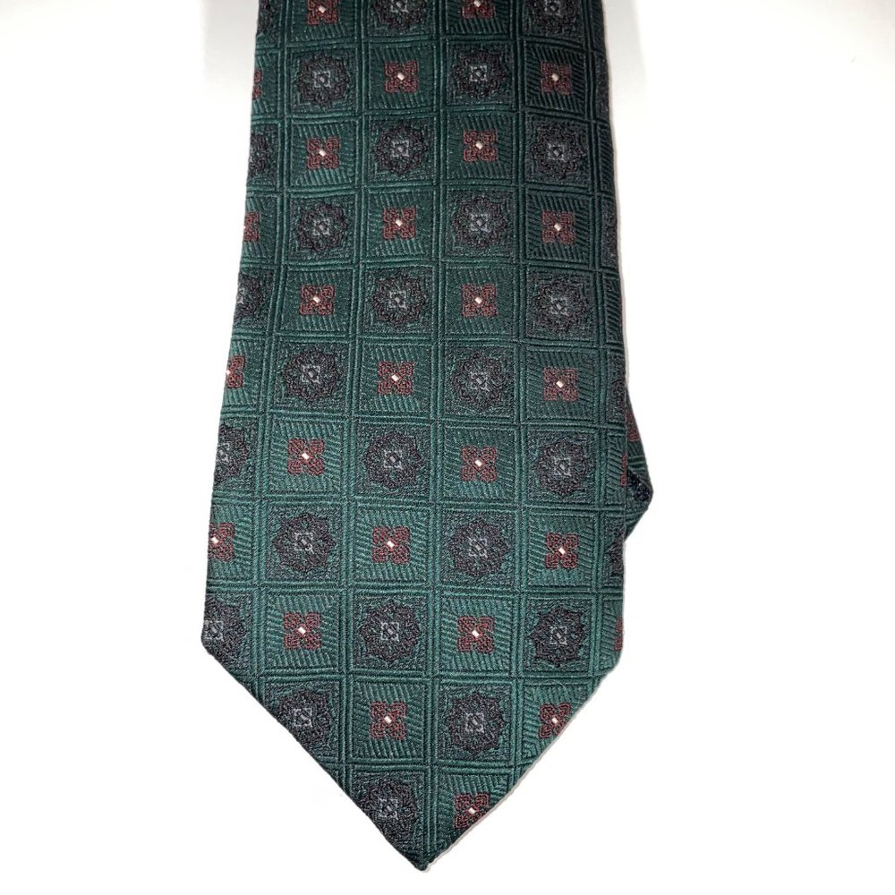 Silk Prada Tie - Dark Green Jacquard W/Multi-Colored Geometric & Floral Pattern
